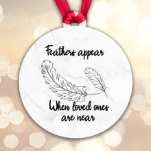 Load image into Gallery viewer, Acrylic Sublimation Bauble - Feathers appear... [White Marble / Black Ribbon]
