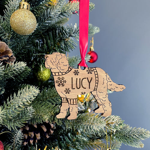 Personalised Labradoodle Bauble Jumper Dog Bauble - Oak Veneer Wood - Add any name