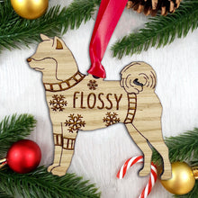Load image into Gallery viewer, Personalised Akita Bauble Jumper Dog Bauble - Oak Veneer Wood - Add any name
