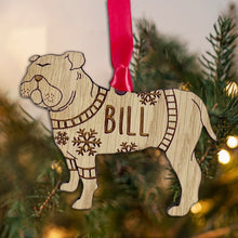 Load image into Gallery viewer, Personalised Bulldog Bauble Jumper Dog Bauble - Oak Veneer Wood - Add any name
