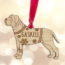 Load image into Gallery viewer, Personalised French Mastiff Bauble Jumper Dog Bauble - Oak Veneer Wood - Add any name
