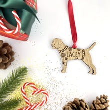 Load image into Gallery viewer, Personalised Border Terrier Bauble Jumper Dog Bauble - Oak Veneer Wood - Add any name

