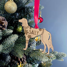 Load image into Gallery viewer, Personalised Saluki Bauble Jumper Dog Bauble - Oak Veneer Wood - Add any name
