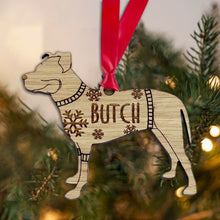 Load image into Gallery viewer, Personalised Pitfall Bauble Jumper Dog Bauble - Oak Veneer Wood - Add any name
