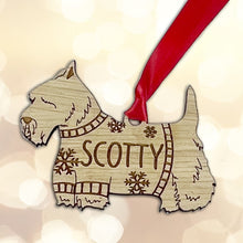 Load image into Gallery viewer, Personalised Scottie Bauble Jumper Dog Bauble - Oak Veneer Wood - Add any name
