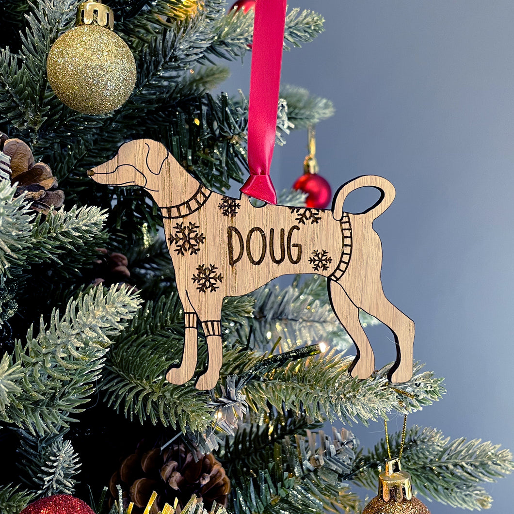 Personalised Doberman Bauble Jumper Dog Bauble - Oak Veneer Wood - Add any name