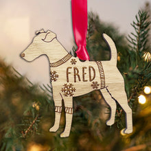 Load image into Gallery viewer, Personalised Fox Terrier Bauble Jumper Dog Bauble - Oak Veneer Wood - Add any name
