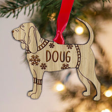 Load image into Gallery viewer, Personalised Blood Hound Bauble Jumper Dog Bauble - Oak Veneer Wood - Add any name
