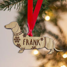 Load image into Gallery viewer, Personalised Daschund Bauble Jumper Dog Bauble - Oak Veneer Wood - Add any name
