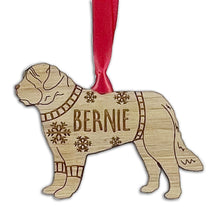 Load image into Gallery viewer, Personalised St Bernard Bauble Jumper Dog Bauble - Oak Veneer Wood - Add any name
