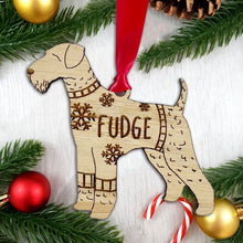 Load image into Gallery viewer, Personalised Airdale Terrier Bauble Jumper Dog Bauble - Oak Veneer Wood - Add any name
