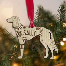 Load image into Gallery viewer, Personalised Saluki Bauble Jumper Dog Bauble - Oak Veneer Wood - Add any name
