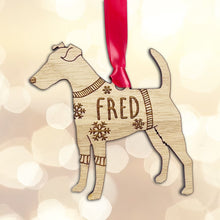 Load image into Gallery viewer, Personalised Fox Terrier Bauble Jumper Dog Bauble - Oak Veneer Wood - Add any name
