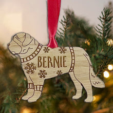 Load image into Gallery viewer, Personalised St Bernard Bauble Jumper Dog Bauble - Oak Veneer Wood - Add any name
