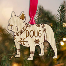 Load image into Gallery viewer, Personalised French Bulldog Bauble Jumper Dog Bauble - Oak Veneer Wood - Add any name
