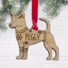 Load image into Gallery viewer, Personalised Portuguese Podengo Bauble Jumper Dog Bauble - Oak Veneer Wood - Add any name
