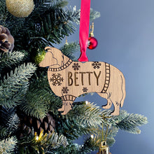 Load image into Gallery viewer, Personalised Shetland Bauble Jumper Dog Bauble - Oak Veneer Wood - Add any name
