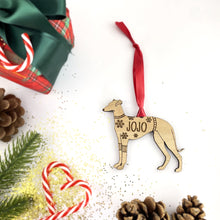 Load image into Gallery viewer, Personalised Greyhound Bauble Jumper Dog Bauble - Oak Veneer Wood - Add any name
