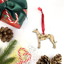 Load image into Gallery viewer, Personalised Podenco Bauble Jumper Dog Bauble - Oak Veneer Wood - Add any name

