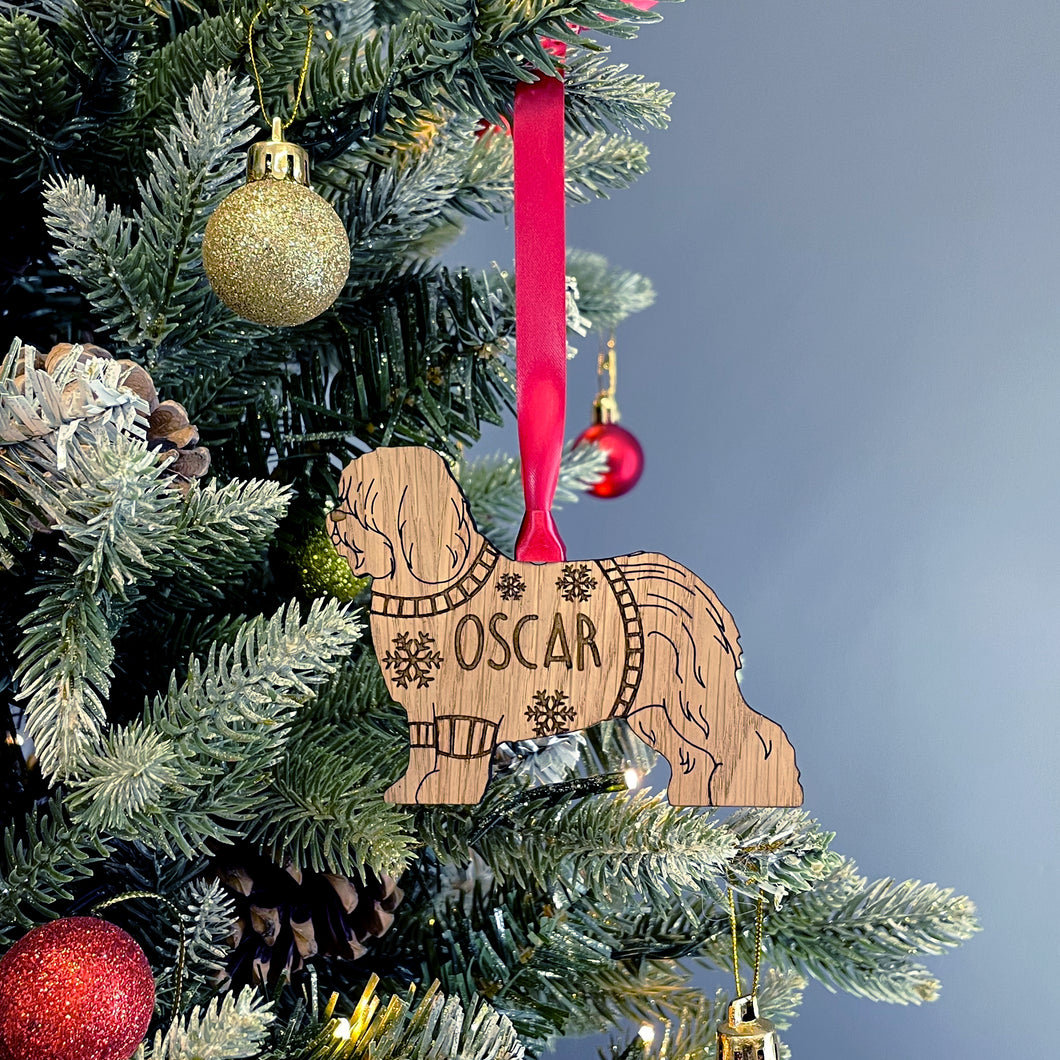 Personalised Old English Sheepdog Bauble Jumper Dog Bauble - Oak Veneer Wood - Add any name