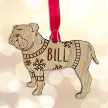 Load image into Gallery viewer, Personalised Bulldog Bauble Jumper Dog Bauble - Oak Veneer Wood - Add any name
