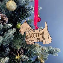 Load image into Gallery viewer, Personalised Scottie Bauble Jumper Dog Bauble - Oak Veneer Wood - Add any name
