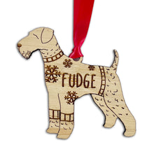 Load image into Gallery viewer, Personalised Airdale Terrier Bauble Jumper Dog Bauble - Oak Veneer Wood - Add any name
