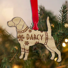 Load image into Gallery viewer, Personalised Beagle Bauble Jumper Dog Bauble - Oak Veneer Wood - Add any name
