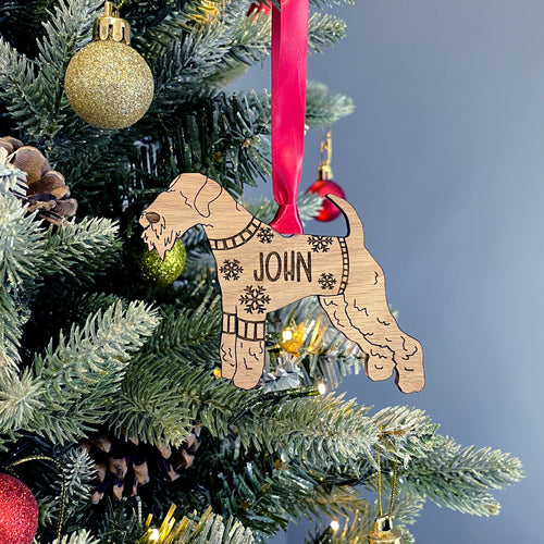 Personalised Lakeland Bauble Jumper Dog Bauble - Oak Veneer Wood - Add any name