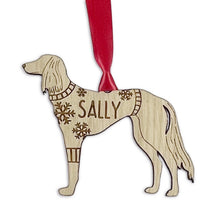 Load image into Gallery viewer, Personalised Saluki Bauble Jumper Dog Bauble - Oak Veneer Wood - Add any name

