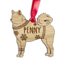 Load image into Gallery viewer, Personalised Finnish Spitz Bauble Jumper Dog Bauble - Oak Veneer Wood - Add any name
