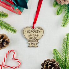 Load image into Gallery viewer, Personalised Mrs &amp; Mrs Stick Figure Tree Decoration - Sustainable Oak Wooden Bauble

