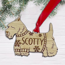 Load image into Gallery viewer, Personalised Scottie Bauble Jumper Dog Bauble - Oak Veneer Wood - Add any name
