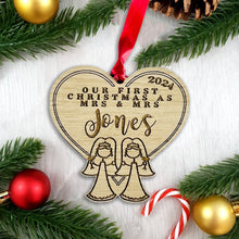 Load image into Gallery viewer, Personalised &#39;First Christmas As Mrs &amp; Mrs&#39; Tree Decoration - Sustainable Oak Wooden Bauble
