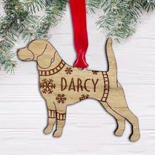 Load image into Gallery viewer, Personalised Beagle Bauble Jumper Dog Bauble - Oak Veneer Wood - Add any name
