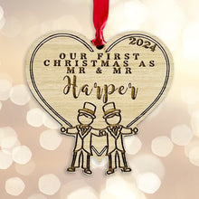 Load image into Gallery viewer, Personalised &#39;First Christmas As Mr &amp; Mr&#39; Tree Decoration - Sustainable Oak Wooden Bauble
