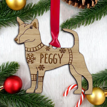 Load image into Gallery viewer, Personalised Portuguese Podengo Bauble Jumper Dog Bauble - Oak Veneer Wood - Add any name
