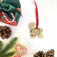 Load image into Gallery viewer, Personalised Bichon Frise Bauble Jumper Dog Bauble - Oak Veneer Wood - Add any name
