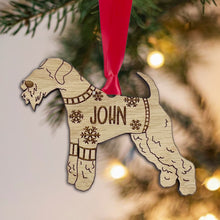 Load image into Gallery viewer, Personalised Lakeland Bauble Jumper Dog Bauble - Oak Veneer Wood - Add any name
