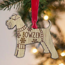 Load image into Gallery viewer, Personalised Schnauzer Bauble Jumper Dog Bauble - Oak Veneer Wood - Add any name

