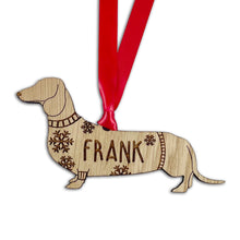 Load image into Gallery viewer, Personalised Daschund Bauble Jumper Dog Bauble - Oak Veneer Wood - Add any name
