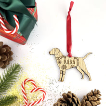 Load image into Gallery viewer, Personalised Labrador Bauble Jumper Dog Bauble - Oak Veneer Wood - Add any name
