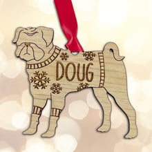 Load image into Gallery viewer, Personalised Pug Bauble Jumper Dog Bauble - Oak Veneer Wood - Add any name
