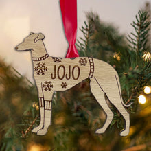 Load image into Gallery viewer, Personalised Greyhound Bauble Jumper Dog Bauble - Oak Veneer Wood - Add any name
