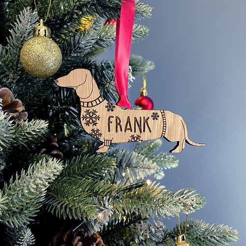 Personalised Daschund Bauble Jumper Dog Bauble - Oak Veneer Wood - Add any name