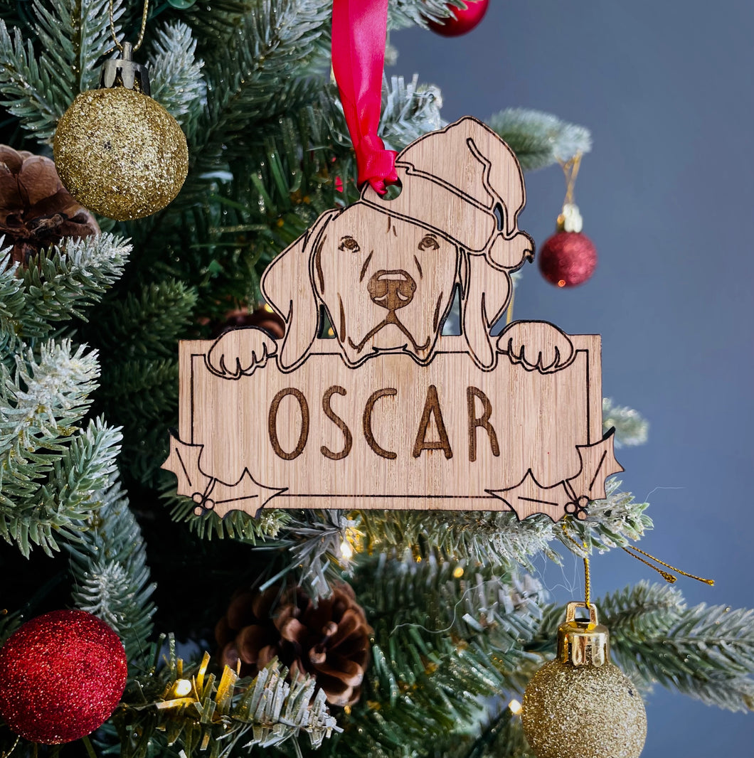 Personalised Hungarian Vizsla Dog Bauble - Peeking Dog - Oak Veneer Wood - Add your own name!