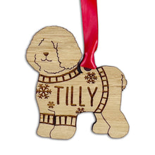 Load image into Gallery viewer, Personalised Bichon Frise Bauble Jumper Dog Bauble - Oak Veneer Wood - Add any name
