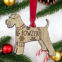 Load image into Gallery viewer, Personalised Schnauzer Bauble Jumper Dog Bauble - Oak Veneer Wood - Add any name

