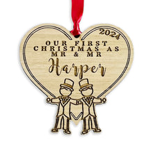 Load image into Gallery viewer, Personalised &#39;First Christmas As Mr &amp; Mr&#39; Tree Decoration - Sustainable Oak Wooden Bauble
