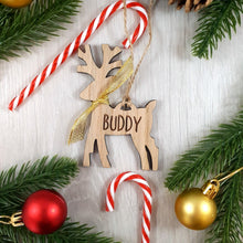 Load image into Gallery viewer, Personalised Reindeer Tree Decoration - Sustainable Oak Wooden Bauble

